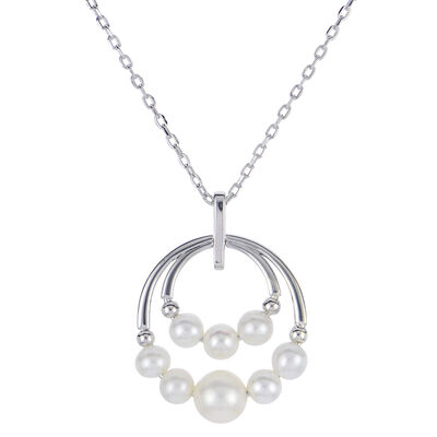 4-6mm Freshwater Pearl Double Circle Necklace in Sterling Silver